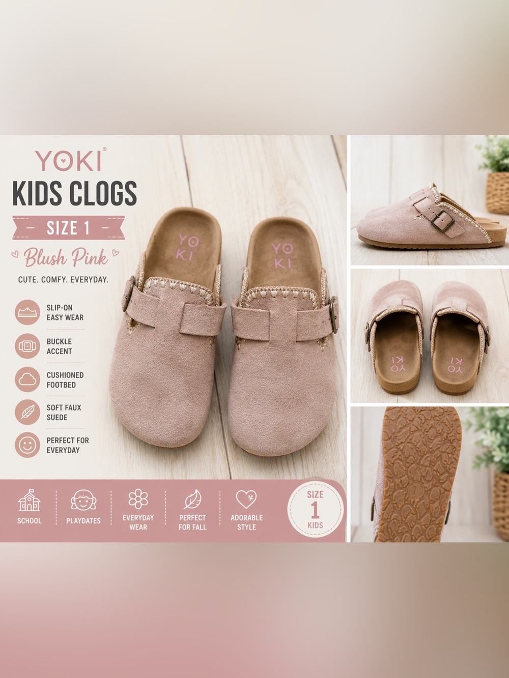 Yoki Kids Size 1 Blush Pink Faux Suede Clogs Mules Slip On Shoes